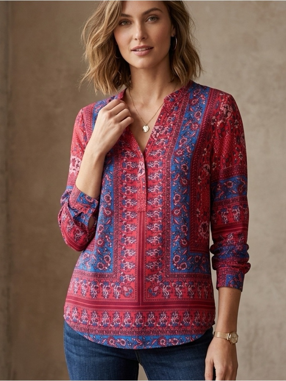 Kut from the Kloth Red and Blue Printed Long Sleeve V-Neck Blouse